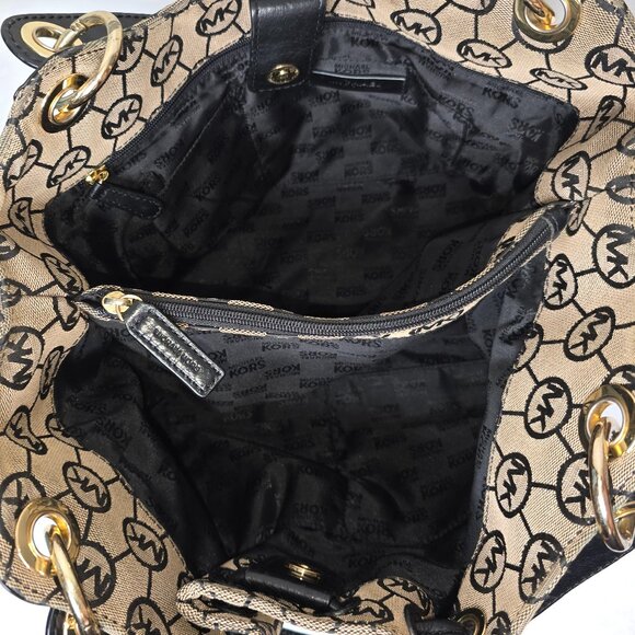 Michael Kors Ludlow Black & Beige Signature Canvas & Leather Drawstring HoboBag - Picture 8 of 11